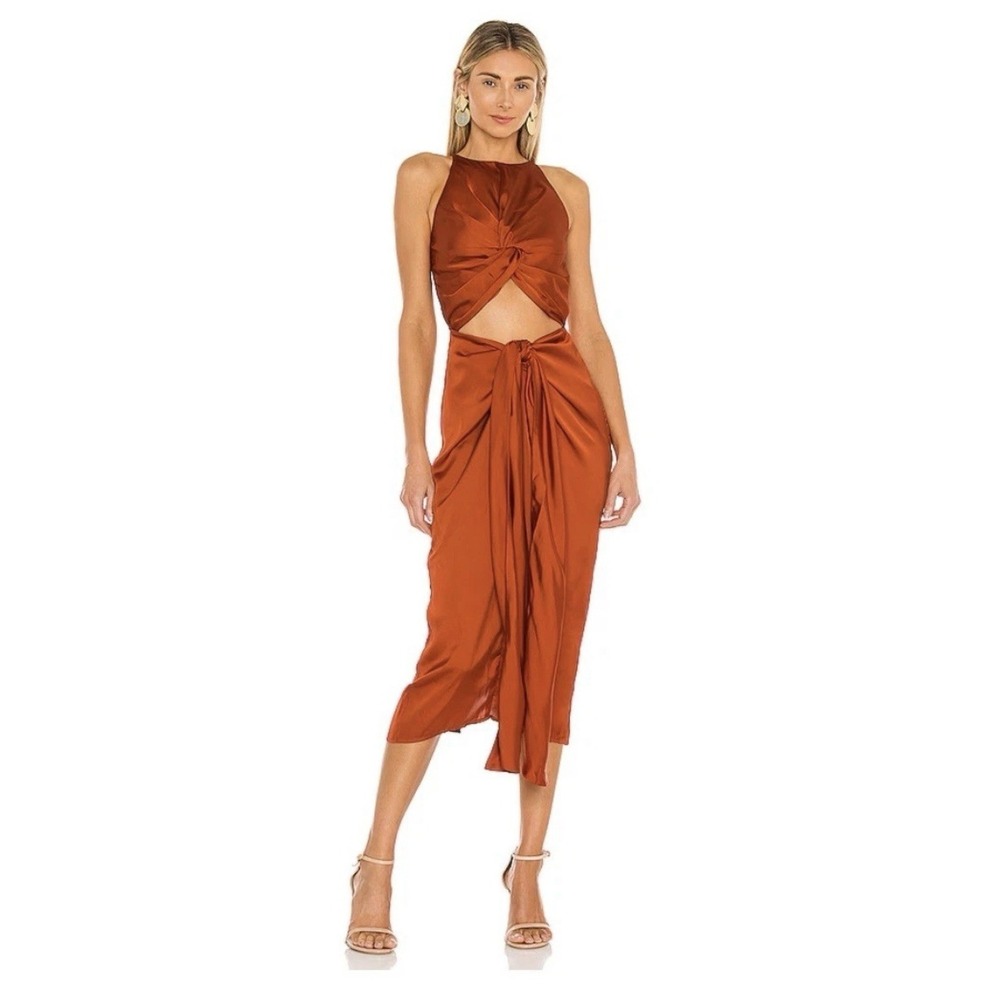 Andrea Iyamah Reni Knotted Midi Dress Womens XS Cut Out Satin Elegant Copper